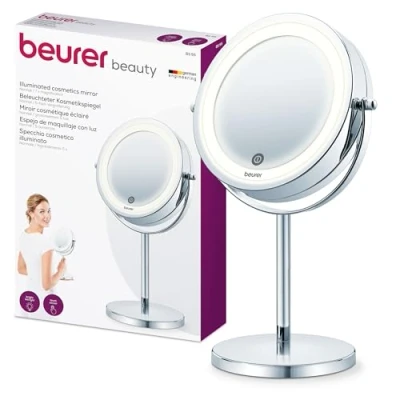 Image of Beurer BS 55 Makeup Mirror with Light, Bright LED Light (18 LEDs), Pivoting Mirror, Touch Sensor On, 1 Side Normal View, Magnification View (x7), Chrome Finishes,20.5 x 31.5 13.4 cm