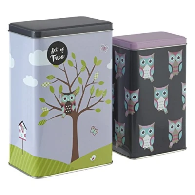 Image of Premier Housewares 507304 Canister Set for Kitchen Rectangular Tea Coffee Storage Jars of Two Blue and Pink Owl Design 19 x 9 6 11 7.5