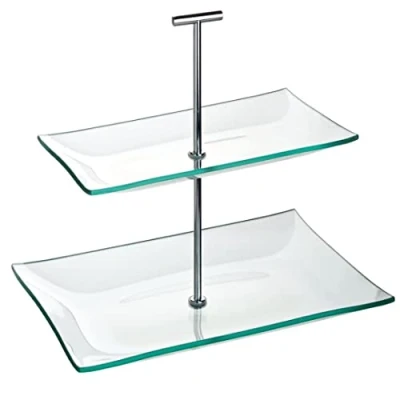 Image of Utopia Aura Glass Plate 2 Tier Sharing Platters, Food Presentation Stand, Display Cake Stand Silver