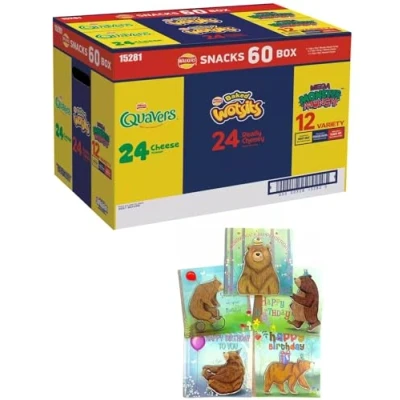 Image of Walkers Crisps Snack Variety Box 60 Pack Quavers Baked Wotsits Mega Monster Munch Mix Party with Handcrafted One Random Birthday card envelop