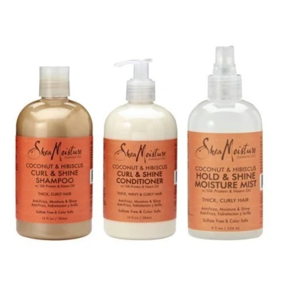 Image of Shea Moisture Cleanse, Condition &amp; Style Pack Coconut Hibiscus Curl and Shine Shampoo Conditioner 384ml bottles Hold Mist 236ml