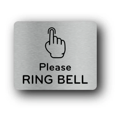 Image of Please Ring The Bell Sign Adhesive Door Sticker or Notice, Engraved with Universal Icon Symbol and Text (Size 9cm x 11cm) (Silver)