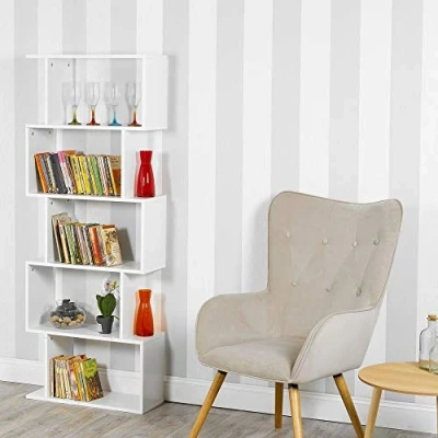 Image of URBNLIVING Wooden S Shaped Display Bookcase Storage Divider Unit (White, 5 Tier)