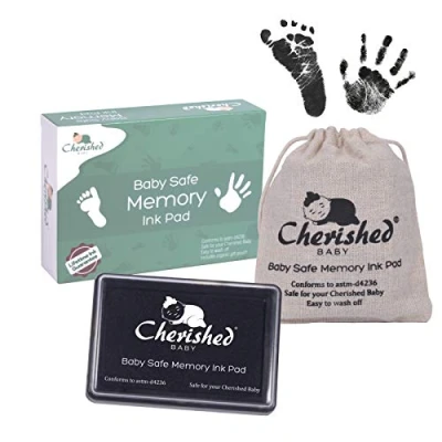 Image of Cherished Baby Black Ink Handprint/Footprint Pad Kit 100% Safe (Complies with ASTM D4236) Comes Lifetime Inkpad Guarantee + Organic Drawstring Bag &amp; Retail Gift Box