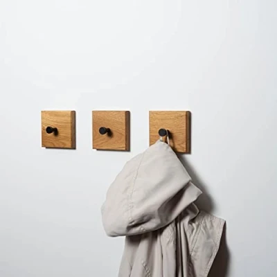 Image of Square Coat Hook (3, Oak, Black Hooks)