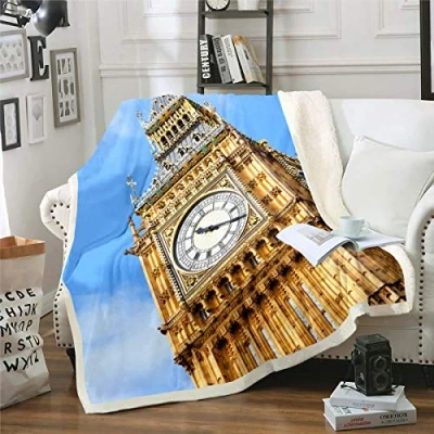 Image of 3D Big Ben Sherpa Blanket for Kids Boys Girls London Cityscape Throw World Famous Fleece Blankets Luxury European Style Plush Blankets,Room Decor Fuzzy Single 50&quot;x60&quot;