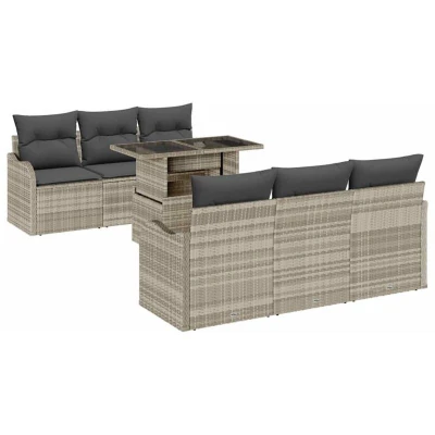 Image of vidaXL 7 Piece Garden Sofa Set with Cushions Light Grey Poly Rattan