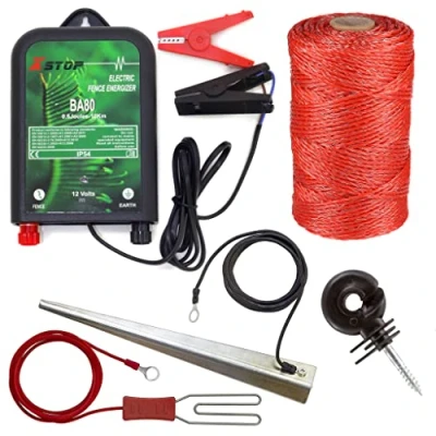 Image of 12v Battery Powered Electric Fence Energiser XSTOP BA80 10Km Range, 0.6 Joule Output with 200m Polywire and 25 Isolator Screws, Weatherproof Kit Includes Leads Earth Stake