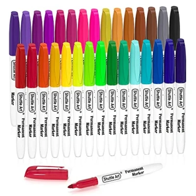 Image of Shuttle Art 30 Colours Permanent Markers, Fine Point Assorted Colours, Works on Plastic, Wood, Stone, Metal and Glass for Doodling, Colouring, Journaling School Office Home
