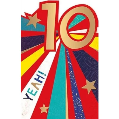 Image of Words &#039;n&#039; Wishes Milestone Age 10 Male Birthday Card for Boys Speedy Stripes and Stars with Gold Foil Die Cut Edge Made in England