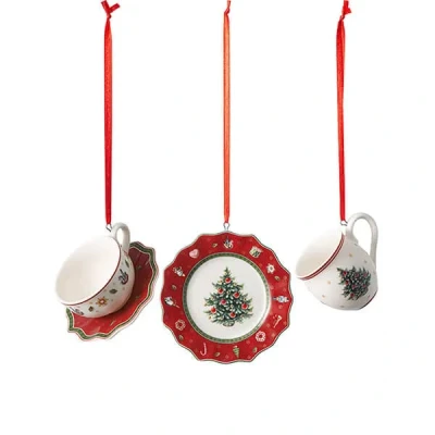 Image of Villeroy &amp; Boch Toy&#039;s Delight decorative tableware ornament set in red, 3 part, charming of Christmas tree decorations, porcelain, 4 x 7 cm