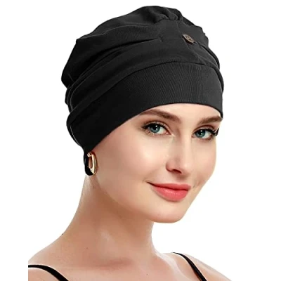 Image of osvyo Chemo Turbans for Women Cancer Hairloss hat Cotton Lightweight Headwear Sealed Packaging Black