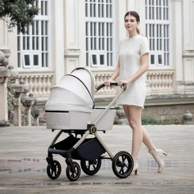 Image of Babymore Kai Pram Pushchair Safety Tested Baby Travel System with All Accessories, Flip and Fold in Sandstone, Both Forward Rearward Facing, 0 4 Years Up to 22 Kg