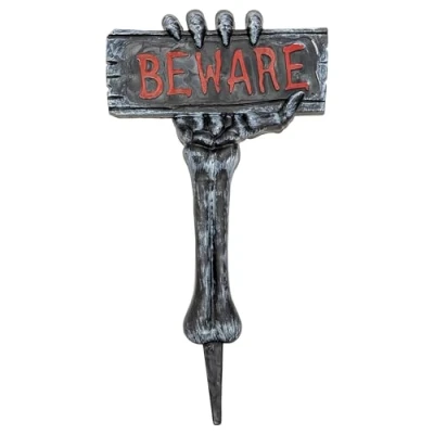 Image of Beware Sign Halloween Decoration Skeleton Arm Outdoor Garden Prop Large Scary Haunted House Party Decor Weatherproof Lawn Decorations 53cm x 28cm