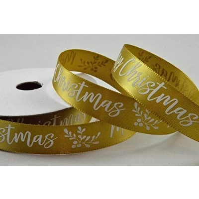 Image of Gold Satin Ribbon with White Merry Christmas Print 15mm x 1 Metre Cut from roll