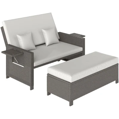 Image of Outsunny 2 Seater Assembled Garden Patio Outdoor Rattan Furniture Sofa Sun Lounger Daybed with Fire Retardant Sponge White