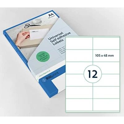 Image of Rillprint Self Adhesive Labels Stickers 1200 105 x 48 mm 12 Printable Per A4 Sheet Multipurpose White Address, Shipping, Price Sticky Label for Inkjet &amp; Laser Printer