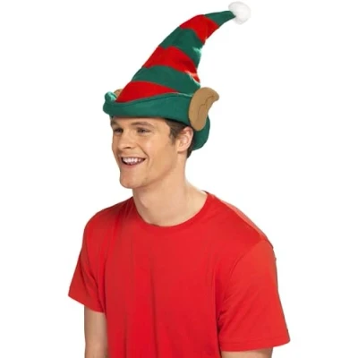 Image of Smiffys Elf Hat, Red &amp; Green with Ears, Christmas Fancy Dress Accessory, Up Hats
