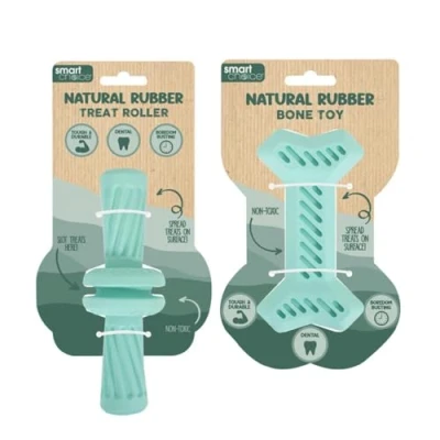 Image of YöL Set of 2 Natural Rubber Pet Dog Puppy Bone Chew &amp; Treat Roller Toy Squeaky Non Toxic Durable Dental Stimulating