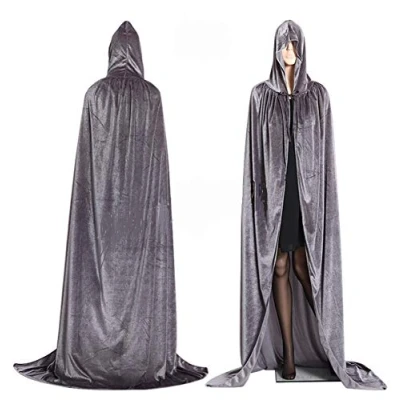 Image of CHSYOO Gray Hooded Cloak Long Cape with Hood Robe for Halloween Costume Party Witch Devil Vampire Cosplay Fancy Dress