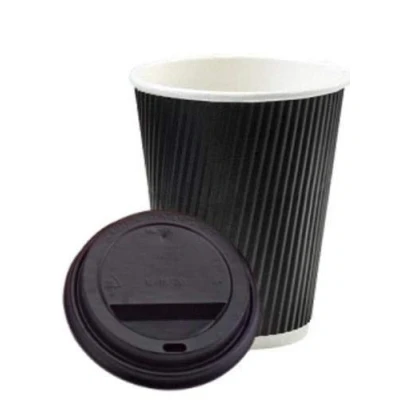 Image of We Can Source It Ltd 100 x 12oz Black Ripple Paper Wall Disposable Tea Coffee Cappuccino Hot Drinks Cups &amp; Sip Through Lids