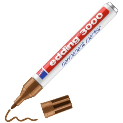 Image of edding 3000 permanent marker ochre box of 10 round tip 1.5 3 mm quick drying markers waterproof, smudge proof for cardboard, plastic, wood, metal, fabric pens