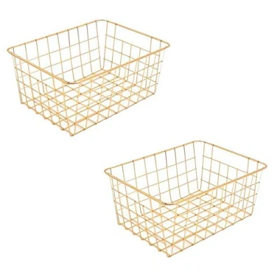 Image of Cratone 2 pieces gold storage basket, metal wire basket with handles, decorative baskets, organiser for kitchen, bedroom, bathroom