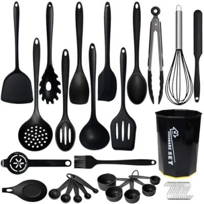 Image of UXIYI Silicone Kitchen Utensils Set, 36PCS Heat Resistant Cooking Utensil with Holder, Gadgets and Tools for Nonstick Cookware,36pcs Black