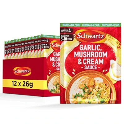 Image of Schwartz Garlic Mushroom &amp; Cream Sauce Mix 26 G Pack of 12 No Artificial Colours or Flavourings Added Preservatives MSG Suitable for Vegetarians