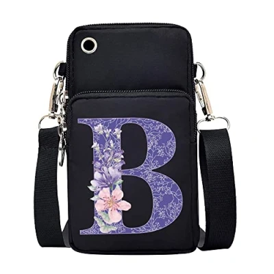 Image of FINDING CASE initial letter Printed Women Girls men Zipper Waterproof Nylon 3 Layers Crossbody Bags Wallet Cellphone Purse Shoulder Bag Wristlet Handbags Adjustable Strap (Purple flower B)