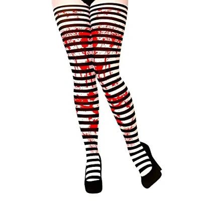Image of Wicked Costumes Adult Candystripe Black and White Tights with Blood
