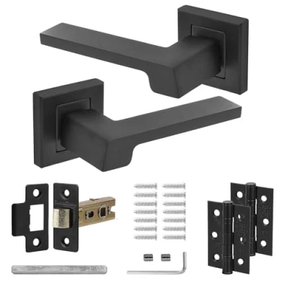 Image of Decoranddecor Spectra Satin Nickel Door Aluminium Handles Lever On 54mm Square Rose (Latch and Hinge Kit)