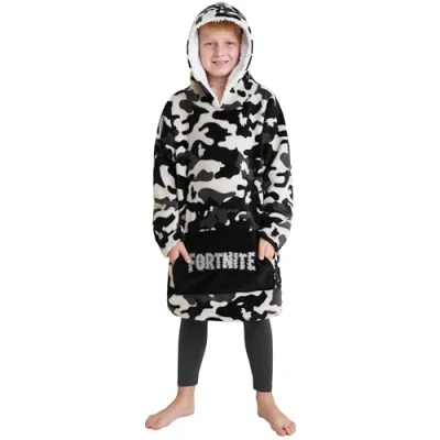 Image of Fortnite Oversized Hoodie Blankets for Boys Fleece Extra Long Warm Wearable Hooded Poncho Kids and Teens 14+, Gamers Gifts (Black Camo Kids)