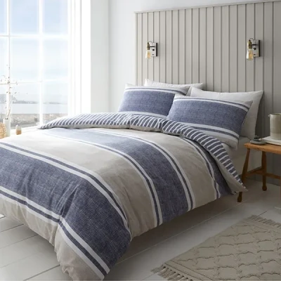 Image of Catherine Lansfield Textured Banded Stripe Double Duvet Set Blue