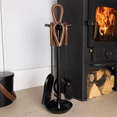 Image of Charles Bentley Snug Fig Fireside Companion Set Iron Poker Tongs Coal Shovel Natural Coco Fibre Brush Aluminum Handle