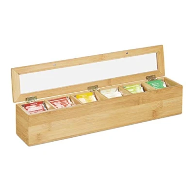Image of Relaxdays Tea Box, 6 Compartments, Organiser Chest, H x W D: 9 44 cm, Bamboo, Natural