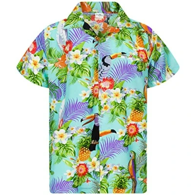 Image of King Kameha Mens Vintage Hawaiian Shirt Casual Short Sleeve Button Down Bird Designs, Parrot Cockatoo, Light Blue, L