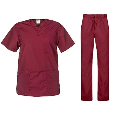Image of B well Cesare Unisex Scrub Set Slip On Tunic + Pull Trousers Medicine Doctor Uniform Jacket Top with Medical Work Wear Red XX Large
