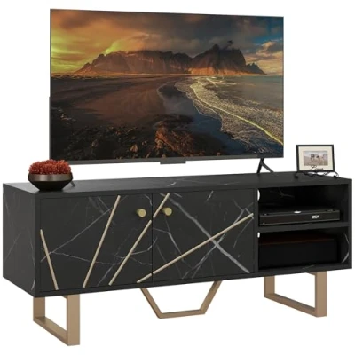Image of HOMCOM TV Stand Cabinet for TVs up to 50 Inches, Unit with Storage Shelves and Cupboard Living Room, Black Marble Tone