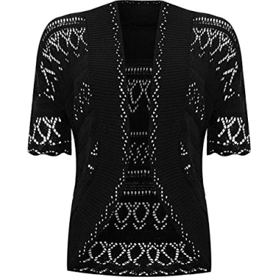 Image of WearAll Womens Plus Size Crochet Knitted Short Sleeve Ladies Open Cardigan Top Black 16 18