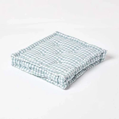 Image of HOMESCAPES Blue &amp; White GINGHAM Check Floor Cushion 100% Cotton 40 x 8 cm Square Indoor Garden Dining chair booster Seat Pad