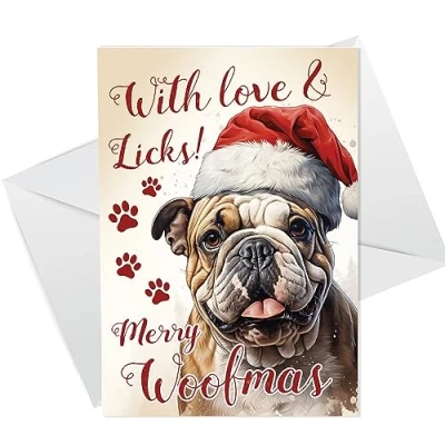 Image of RED OCEAN Bulldog Christmas Card, Funny Dog Greetings Card For Mum Dad, Cards