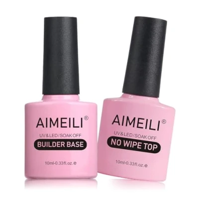 Image of AIMEILI Hema Free 7 in 1 Builder Base and No Wipe Top Coat, Strengthening Gel Soak Off UV LED Nails Extension Polish Nail Repair Strengthen Quick Long Lasting 2x10ml