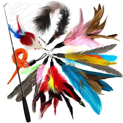 Image of onebarleycorn Cat Feather Toys,Cat Toy Feathers for Indoor Cats Kitten Interactive Toys Retractable Teaser Wand with 8 Refills