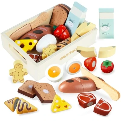 Image of Smartwo Wooden Food Toys for Play Kitchen, Toy Kitchen Accessories Kids, Cutting Breakfast Sets Children Role Toys, Gift Girls Boys 2+ Year Old, 12PCS