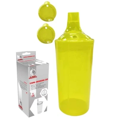 Image of Plastic Feeding Cup with 2 Lids Adult Feeder Beaker Large &amp; Small Spouts, Straw Holes Ideal for Liquids Blended Foods Easy to Hold, Spill Resistant, Perfect Home Hospital Use (Yellow)