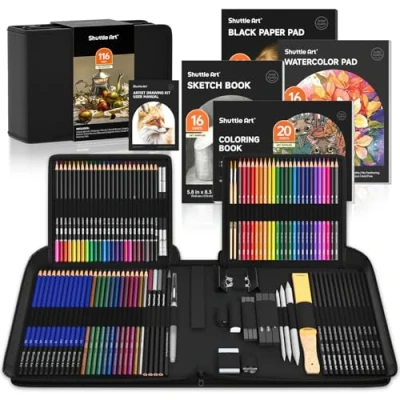 Image of Shuttle Art 116 Pack Sketching and Drawing Pencils Set, Sketch Pencil Set with 4 Pads, Graphite in Zipper Case, Colouring for Artist Sketching, Adults, Beginner
