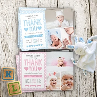 Image of Baby Thank You Cards, Personalised, Birth Announcement, Girl or Boy Cards (Design 8)