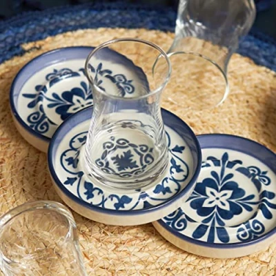 Image of Karaca Zeher Blue Turkish Tea Glasses Set for 6 People Cups with Stoneware Saucers Afternoon Party Dishwasher Safe, 12 Pieces Adults (160 ml)