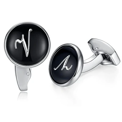 Image of HONEY BEAR Initial Alphabet Letter Cufflinks for Men, Black Round Shape Stainless Steel Wedding Business A Z (V)